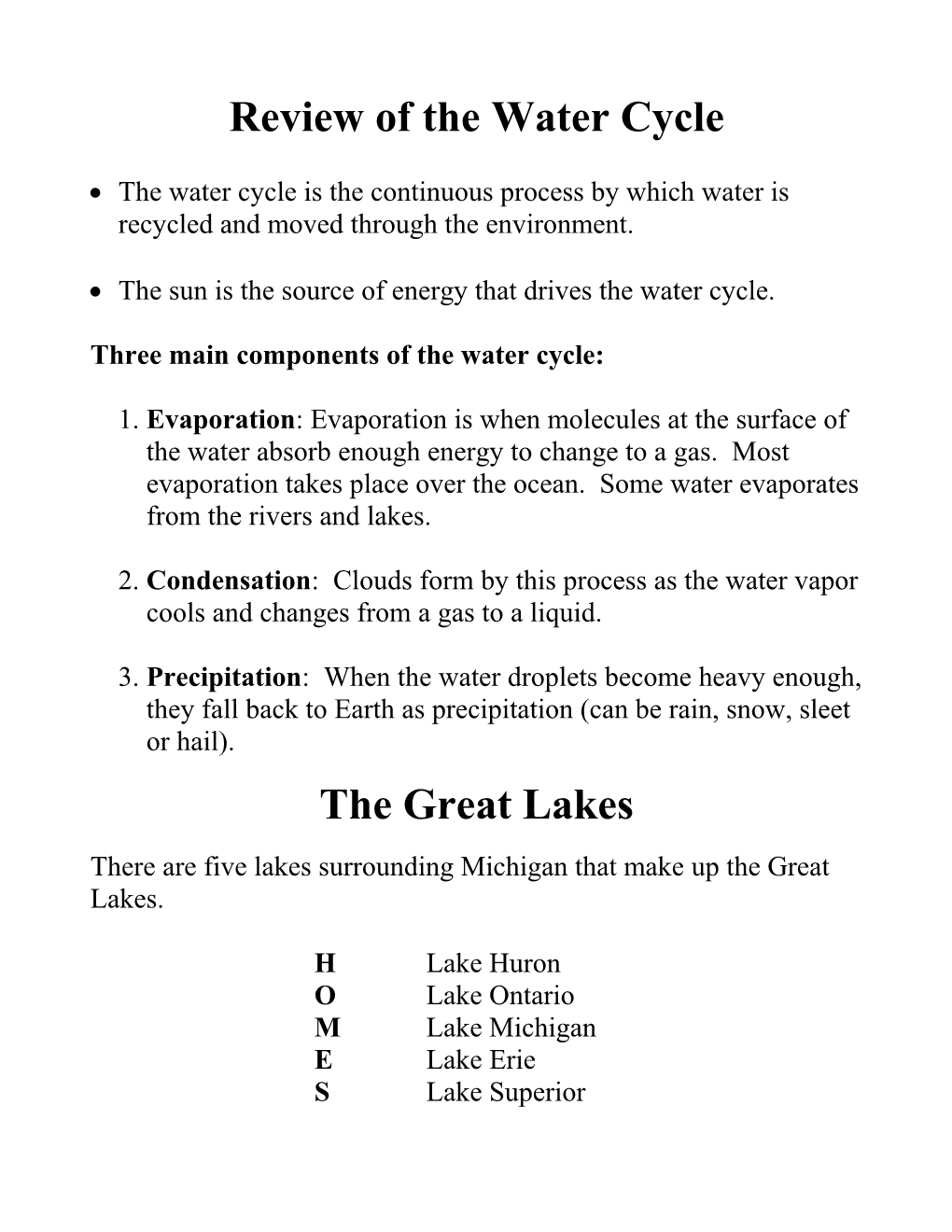 Review of the Water Cycle