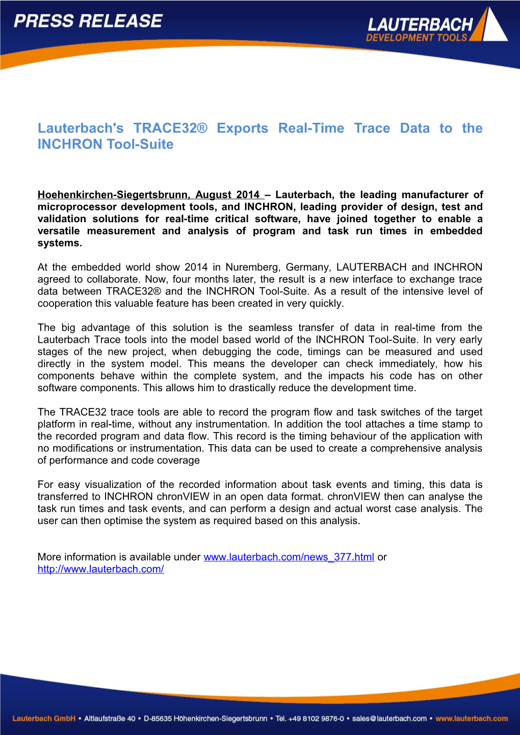 Lauterbach's TRACE32 Exports Real-Time Trace Data to the INCHRON Tool-Suite