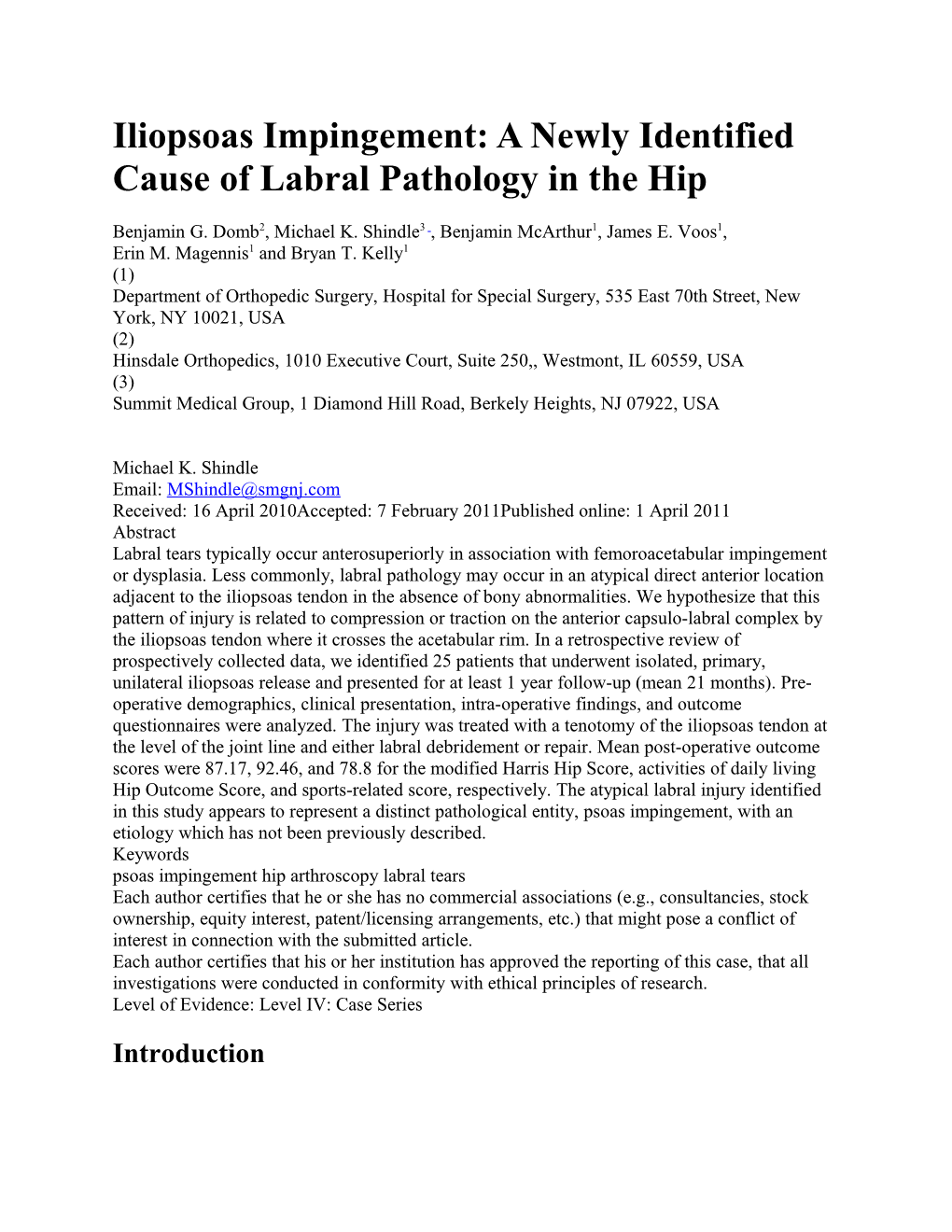 Iliopsoas Impingement: a Newly Identified Cause of Labral Pathology in the Hip