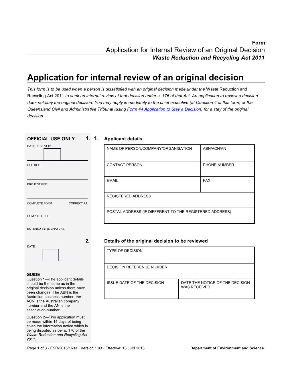 Application for an Internal Review of an Original Decision