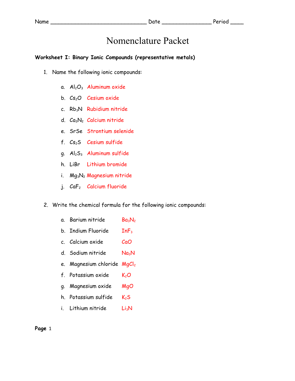 Worksheet I: Binary Ionic Compounds (Representative Metals)