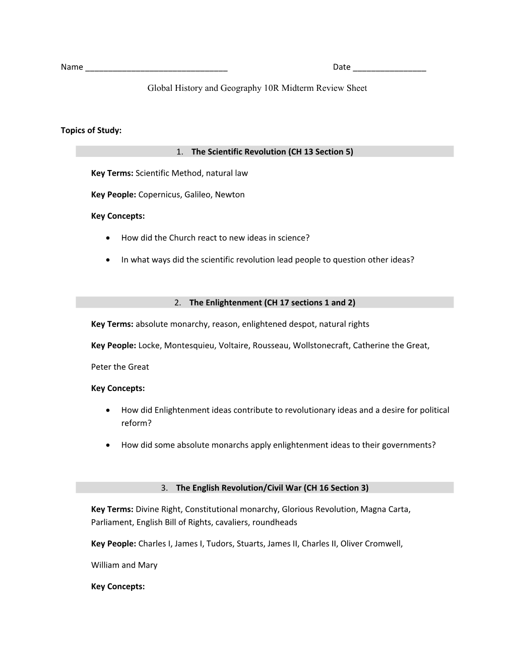 1. the Scientific Revolution (CH 13 Section 5)