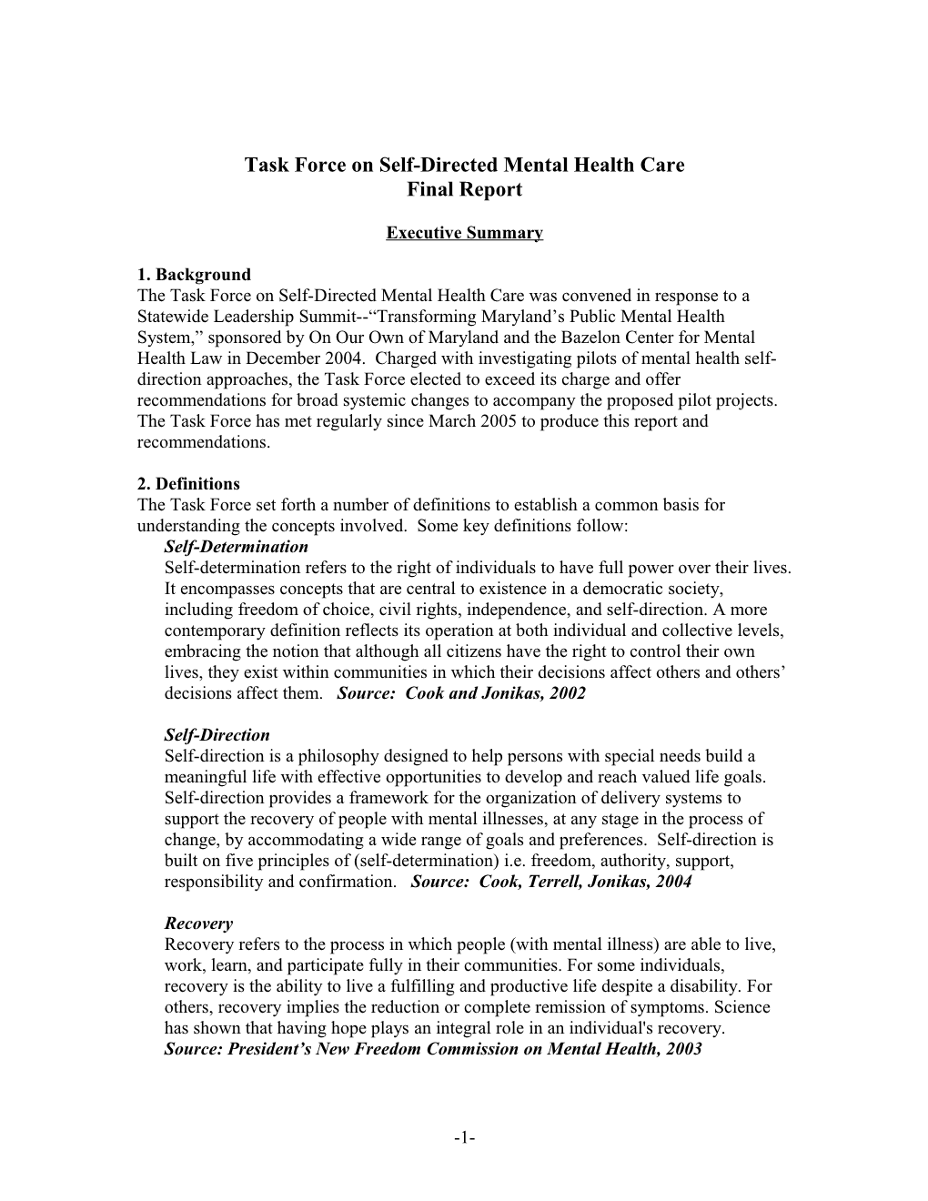 Task Force on Self-Directed Mental Health Care