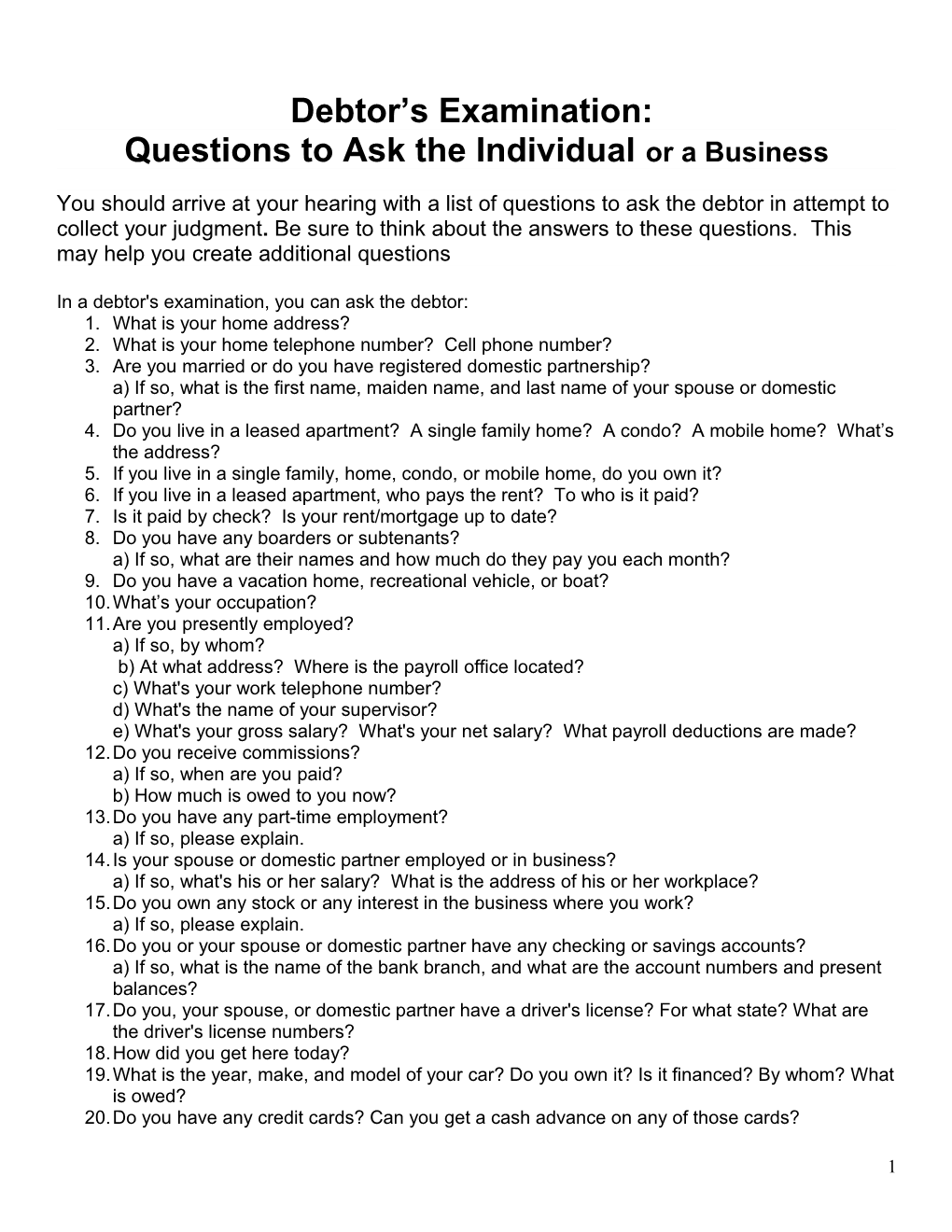 Debtor S Examination: Questions to Ask the Individual Or Business