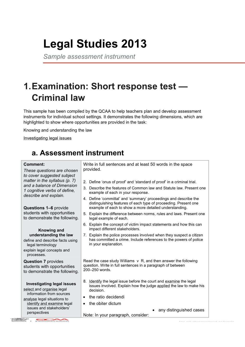 Legal Studies 2013 Examination: Short Response Test Criminal Law Sample Assessment Instrument