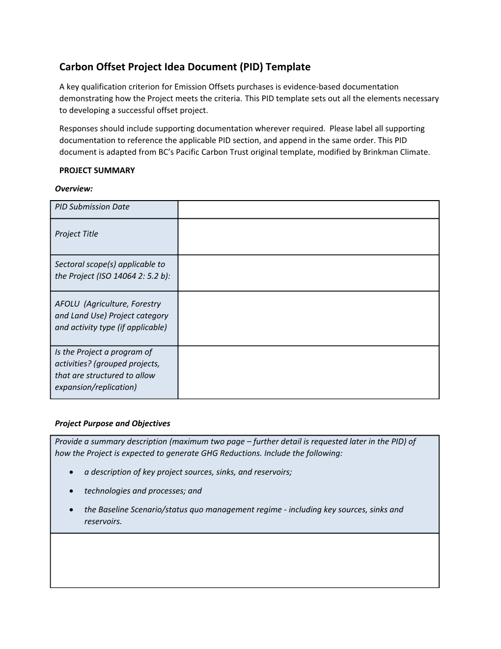 Carbon Offset Project Idea Document (PID) Template