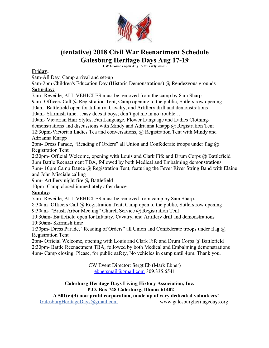 (Tentative) 2018Civil War Reenactment Schedule