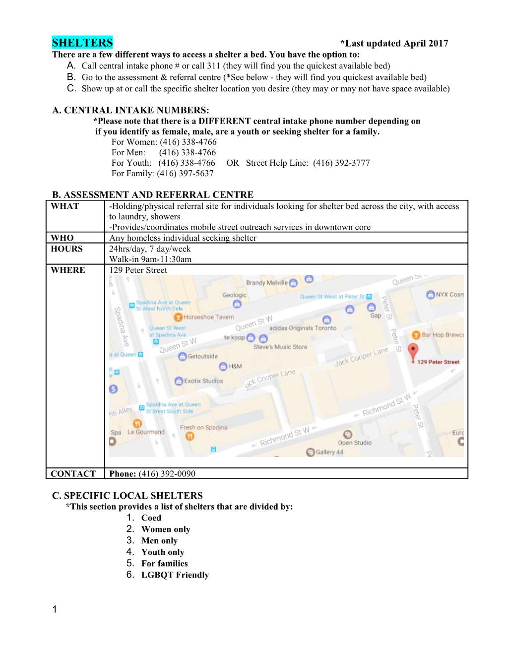 SHELTERS *Last Updated April 2017