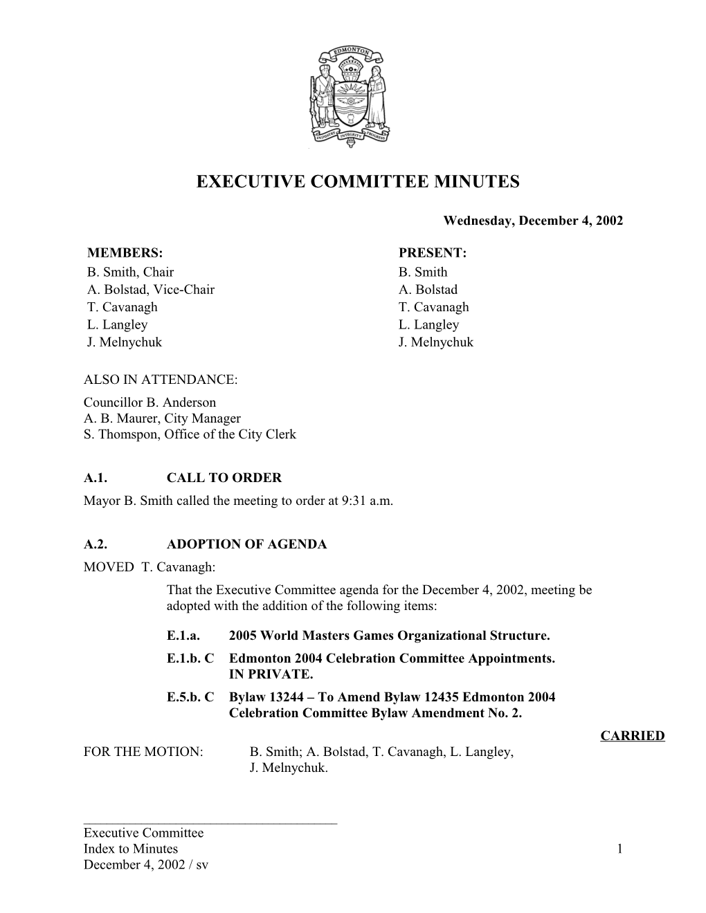 Minutes for Executive Committee December 4, 2002 Meeting
