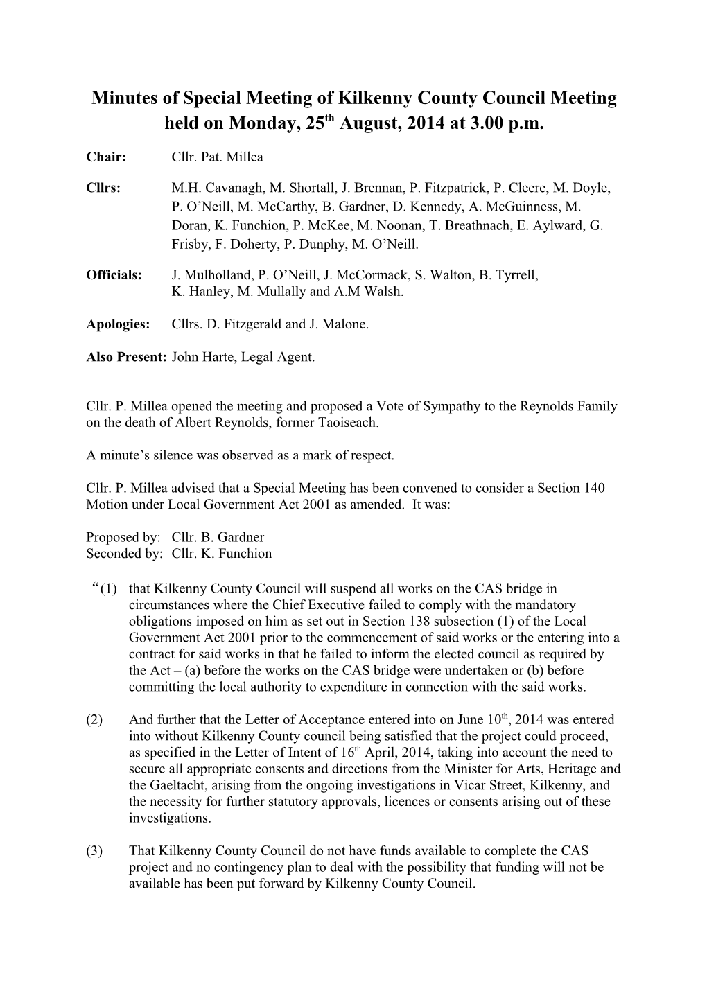Minutes of Special Meeting of Kilkenny County Council Meeting Held on Monday, 25Th August