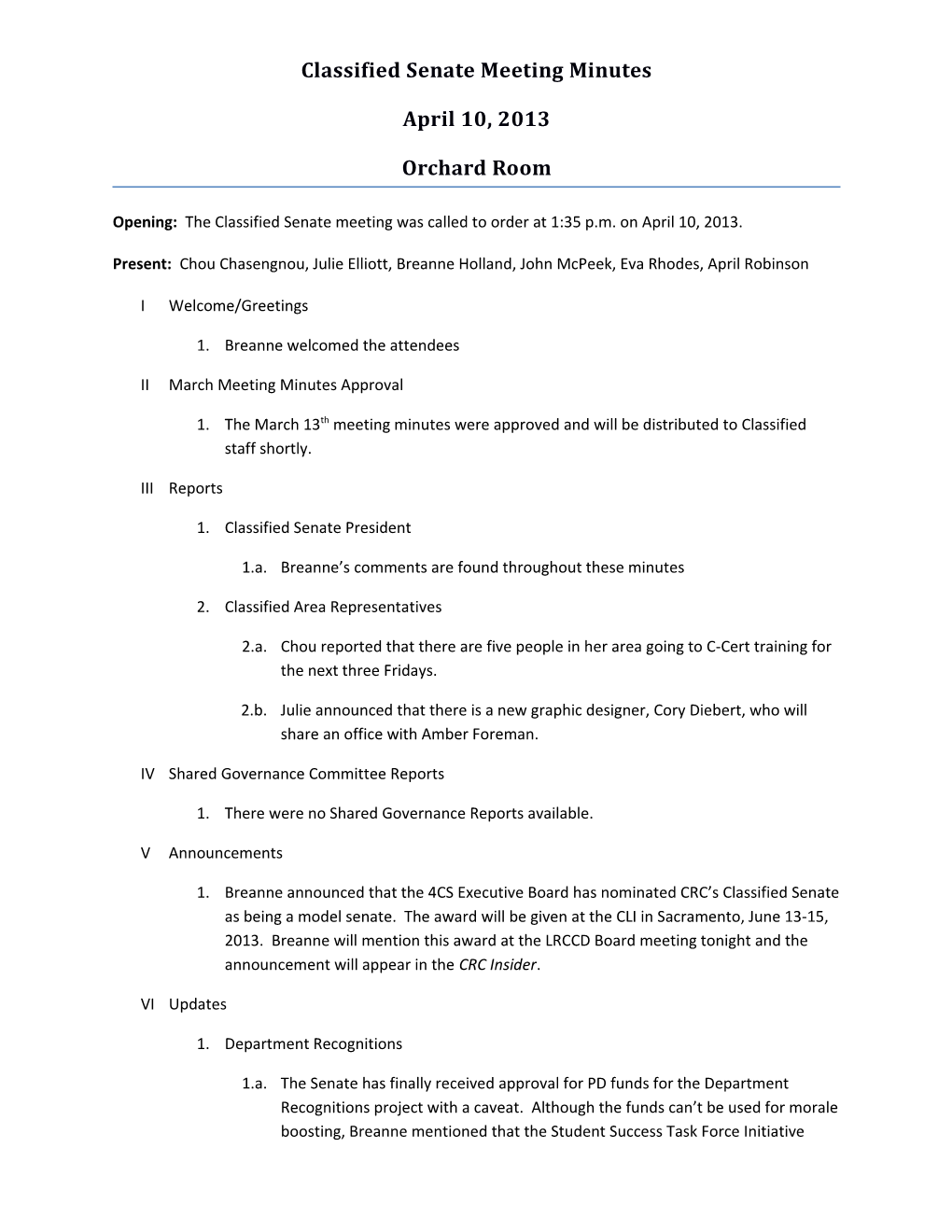 Classified Senate Meeting Minutes (4/10/13)