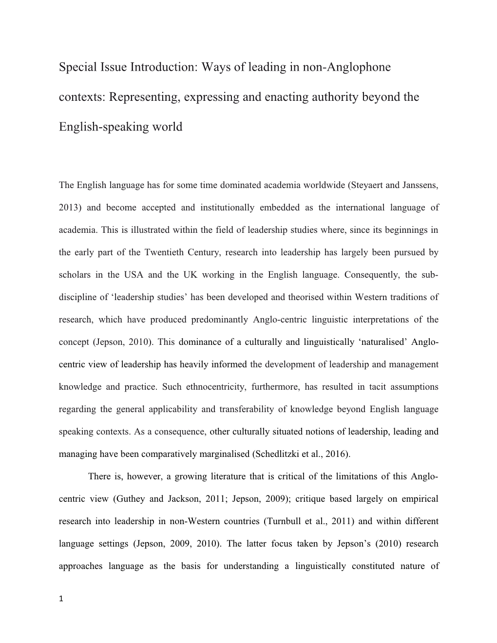 Special Issue Introduction: Ways of Leading in Non-Anglophone Contexts: Representing, Expressing