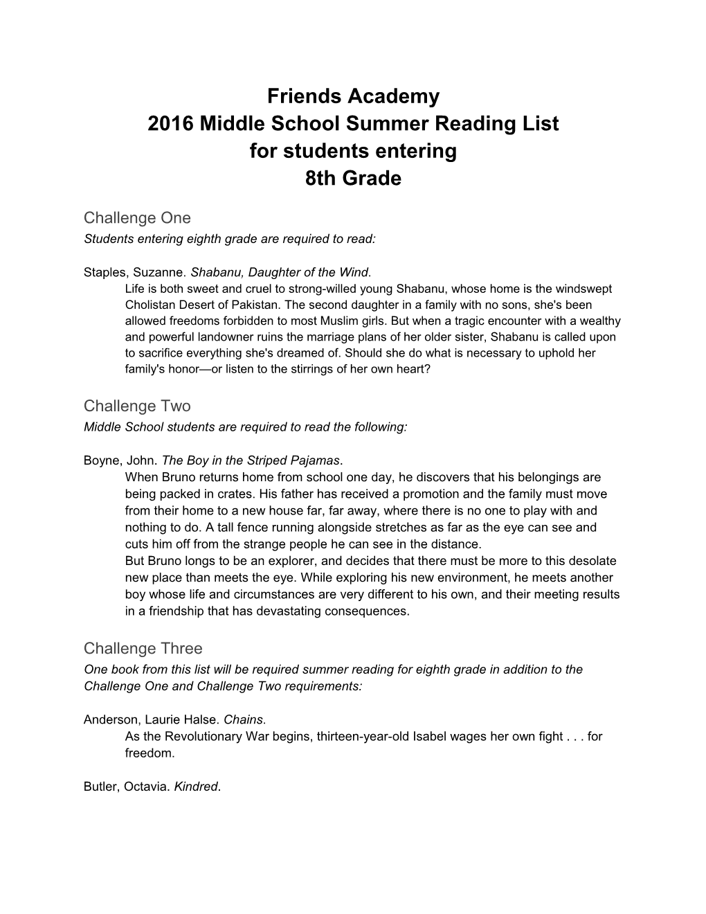 2016 Middle School Summer Reading List