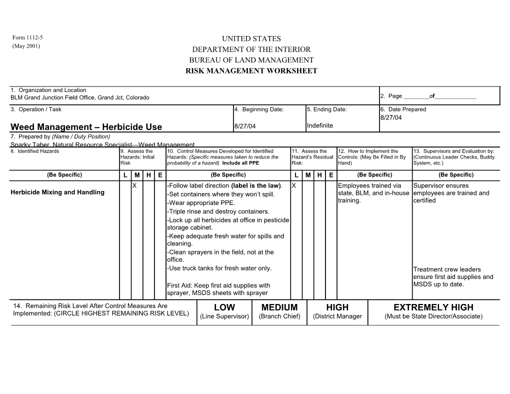 Blm Risk Management Worksheet