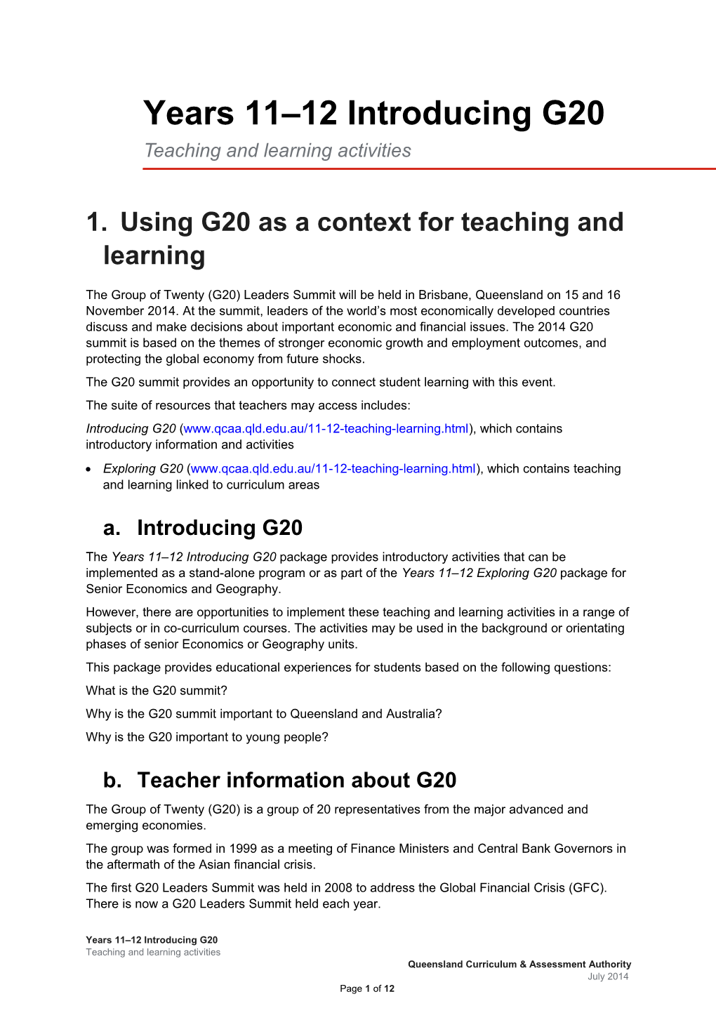 QCAA Years 11 12 Introducing G20 Teaching and Learning Resources