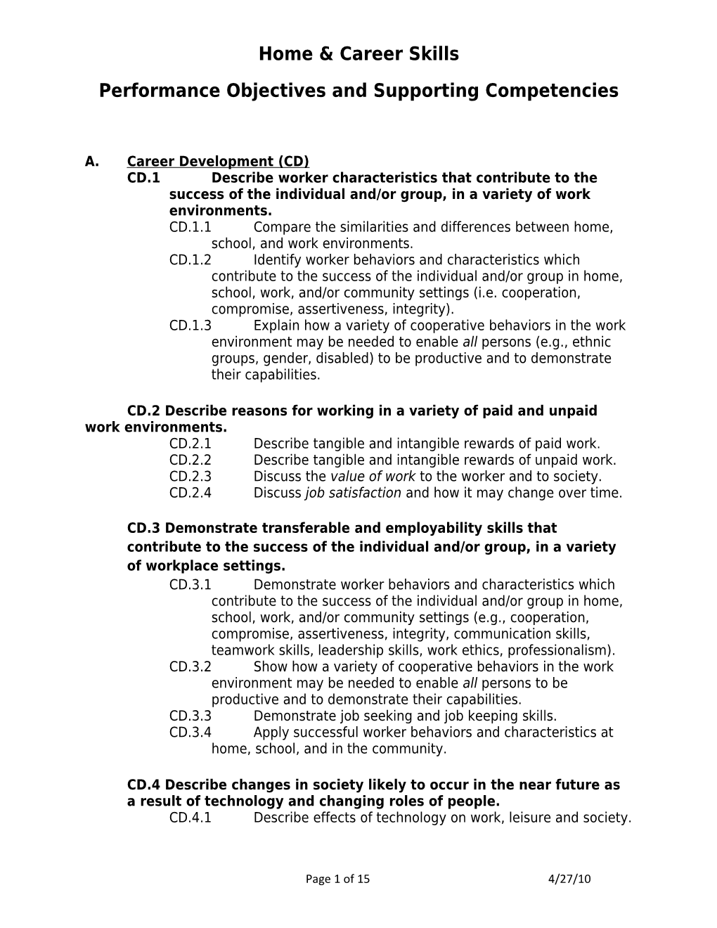 Performance Objectives and Supporting Competencies