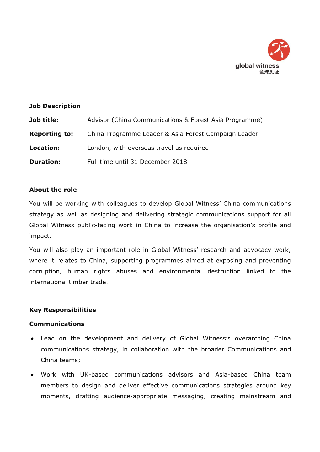 Job Title:Advisor (China Communications & Forest Asia Programme)