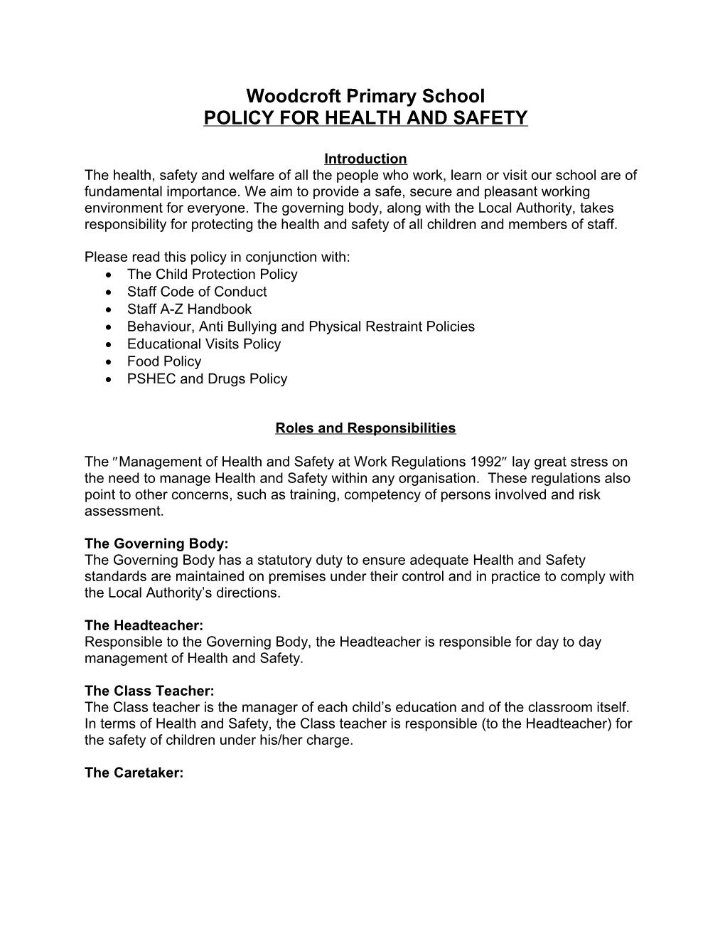 Policy for Health and Safety