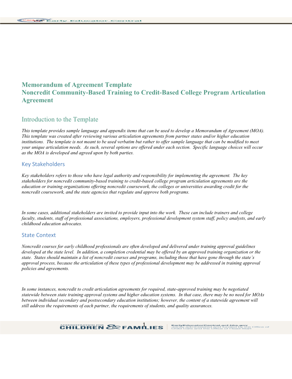 Memorandum of Agreement Template Noncredit Community-Based Training to Credit-Based College