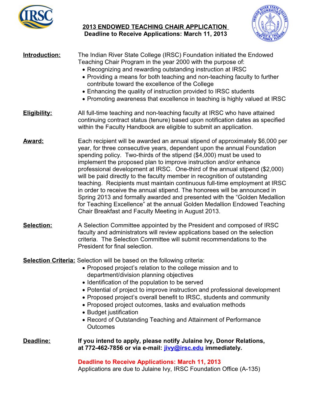 2007 Endowed Teaching Chair Application Form