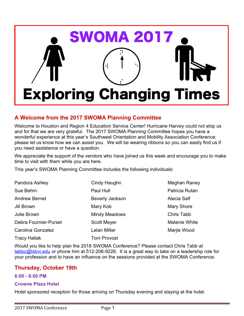 A Welcome from the 2017 SWOMA Planning Committee