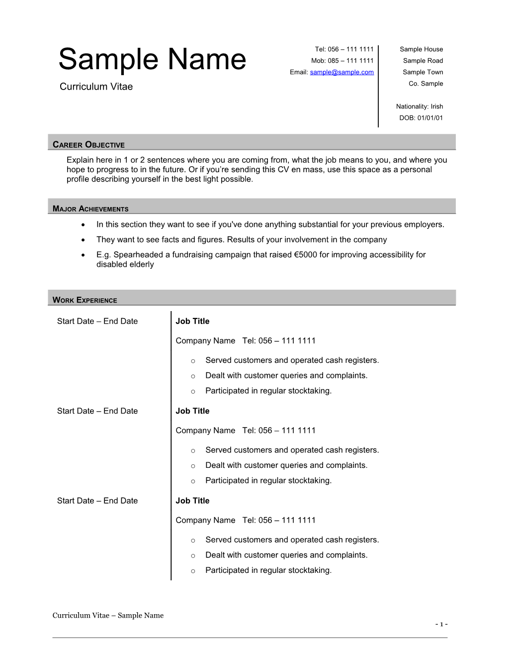 Curriculum Vitae Sample Name