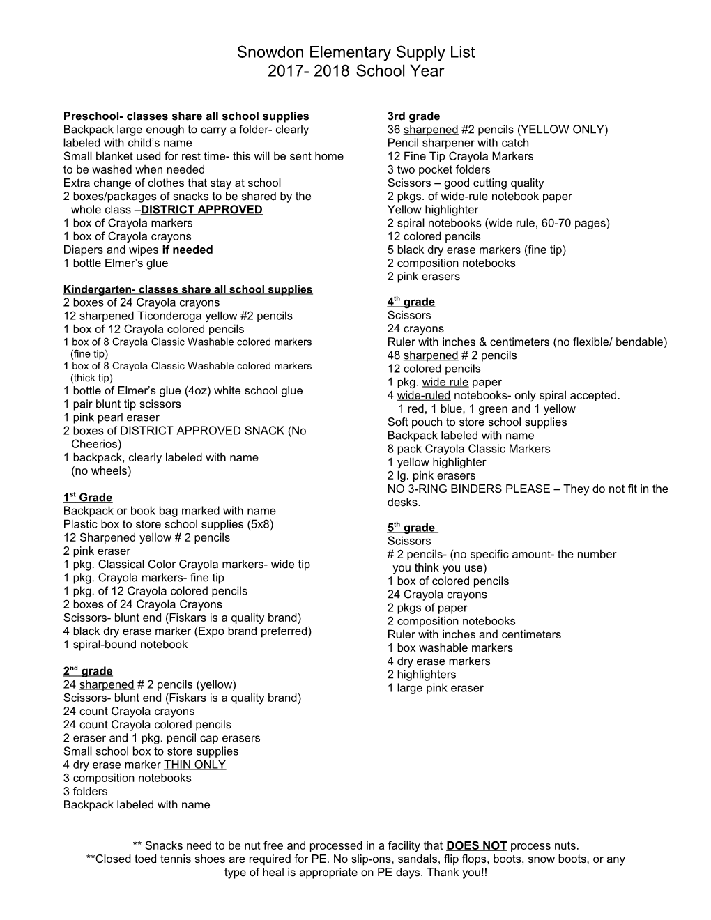 Snowdon Elementary Supply List