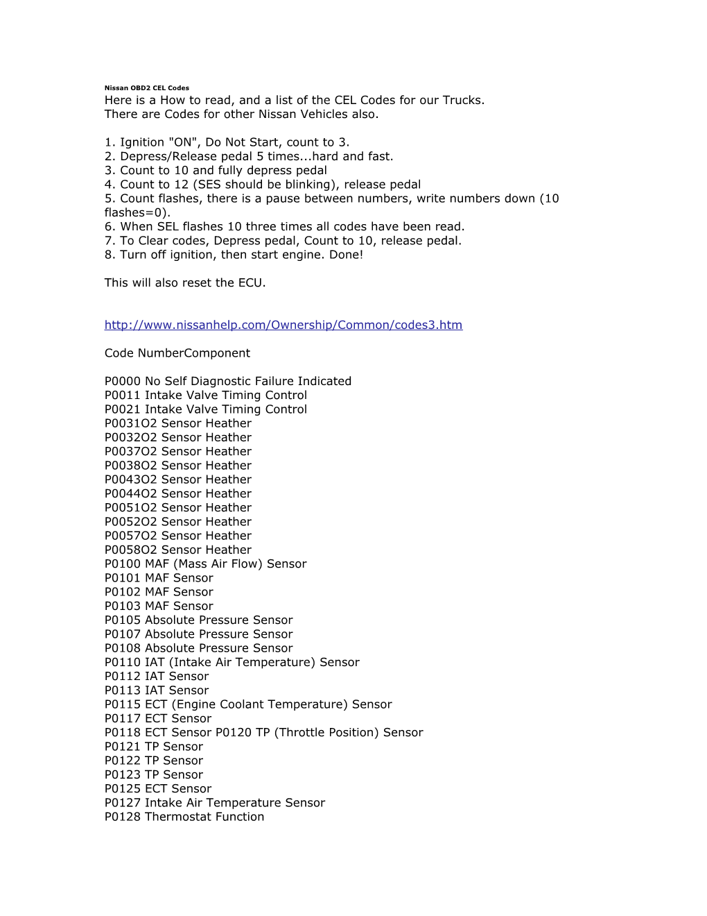 Nissan OBD2 CEL Codes