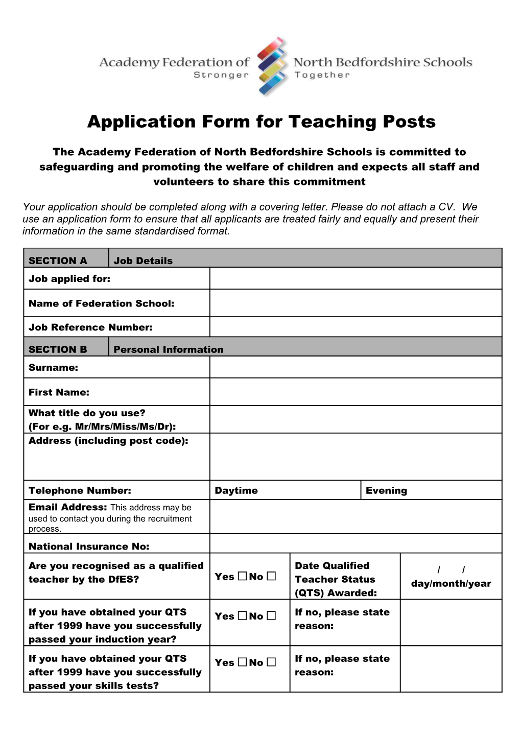 Application for Employment: Teaching Posts