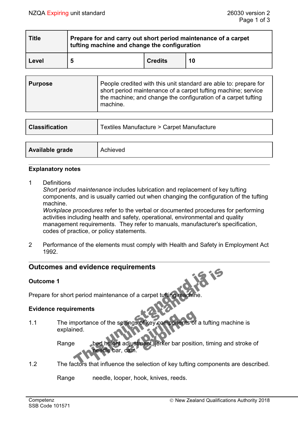 26030 Prepare for and Carry out Short Period Maintenance of a Carpet Tufting Machine And