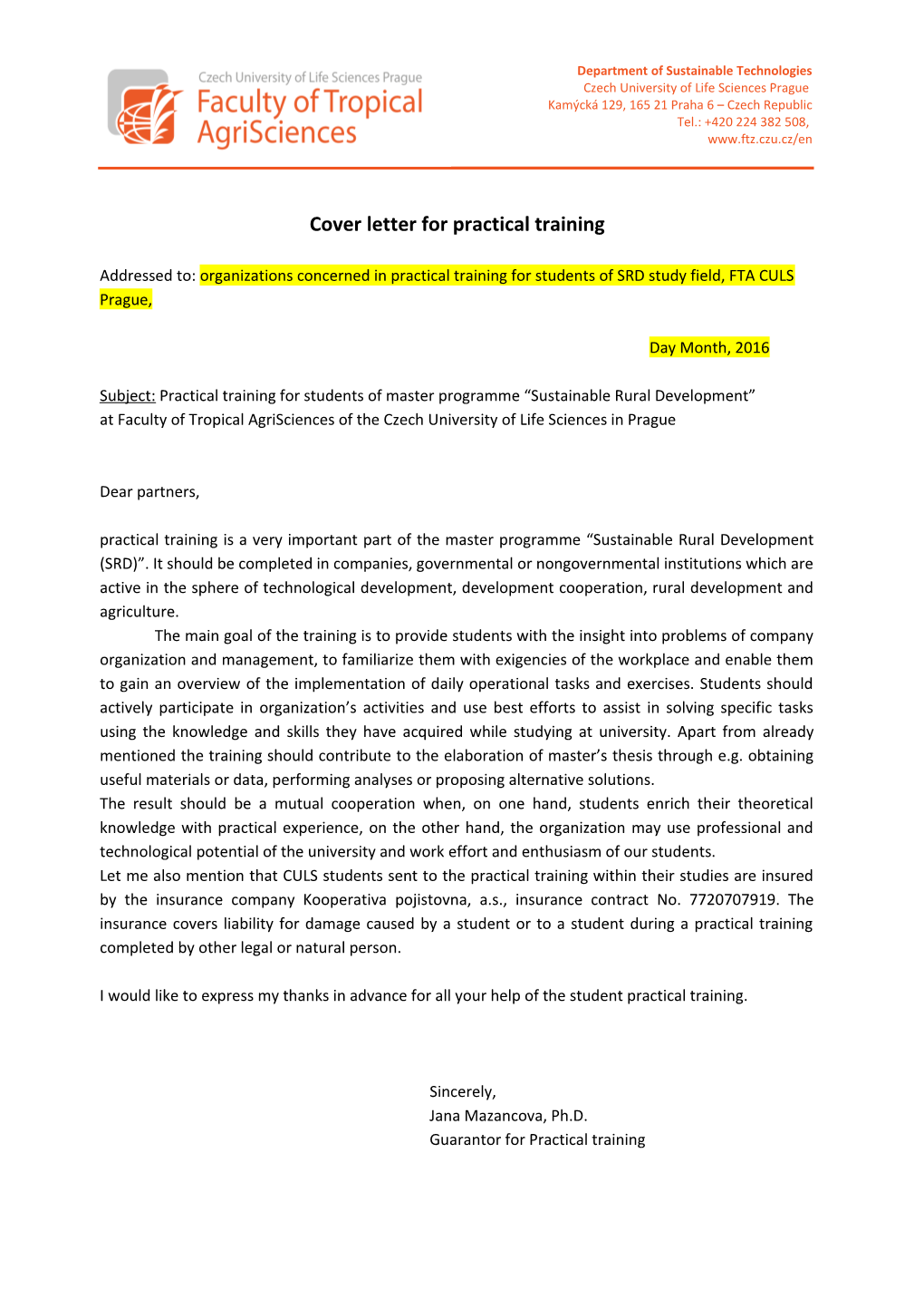 Cover Letter for Practical Training