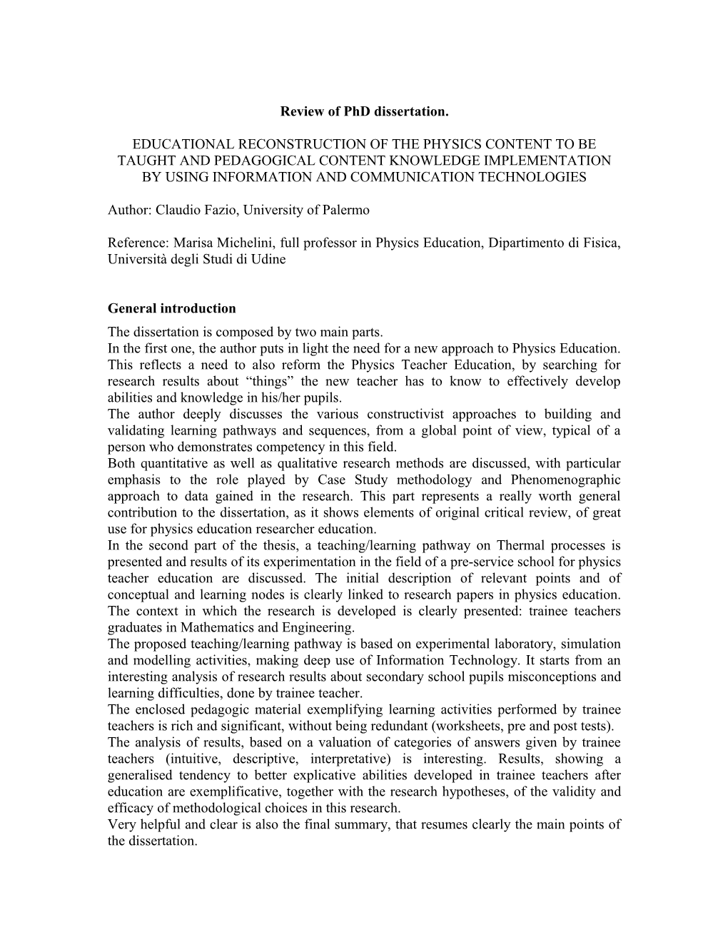 Riassunto, Commenti E Valutazione De Educational Reconstruction of the Physics Content