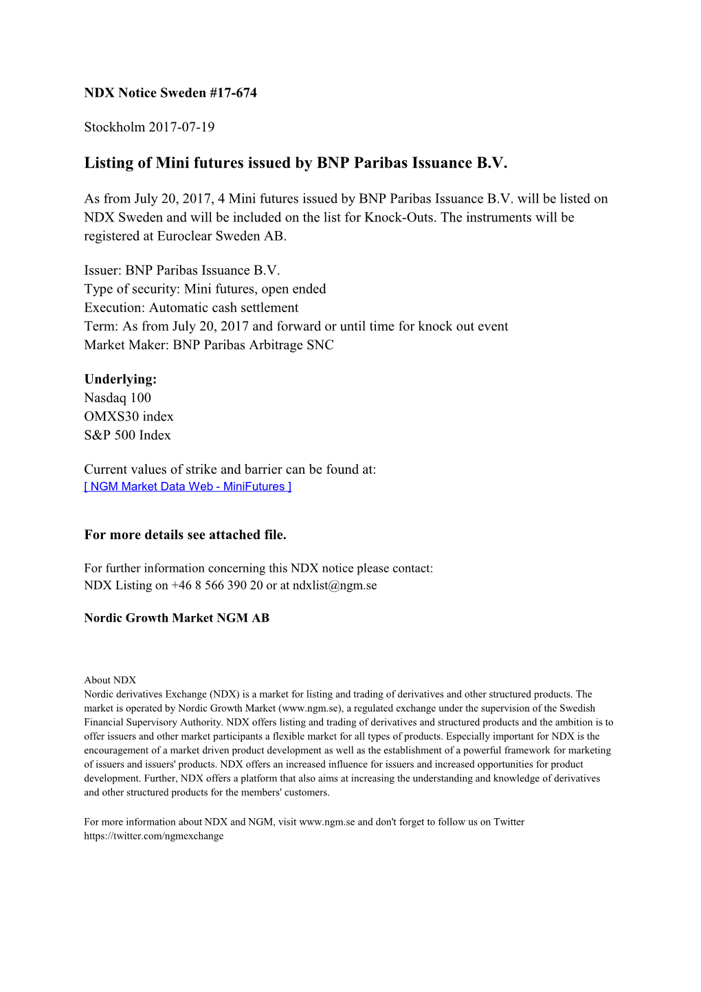 Listing of Mini Futures Issued by BNP Paribas Issuance B.V