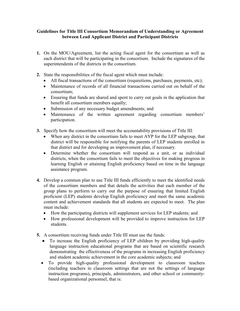 Guidelines for Title III Consortium Memorandum of Understanding Or Agreement Between Lead