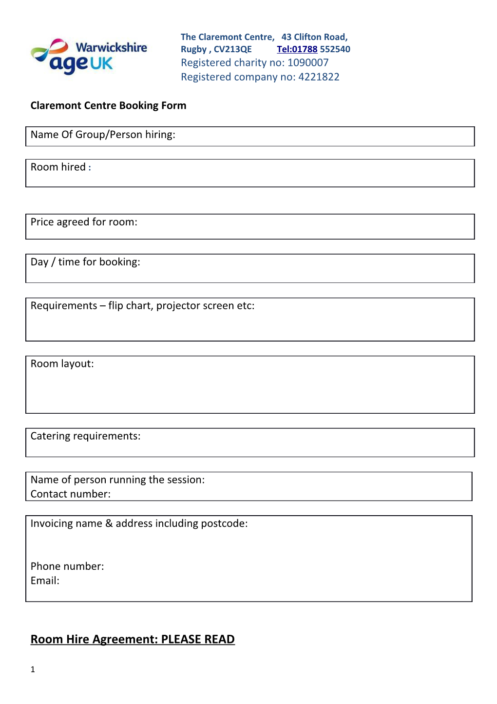 Claremont Centre Booking Form