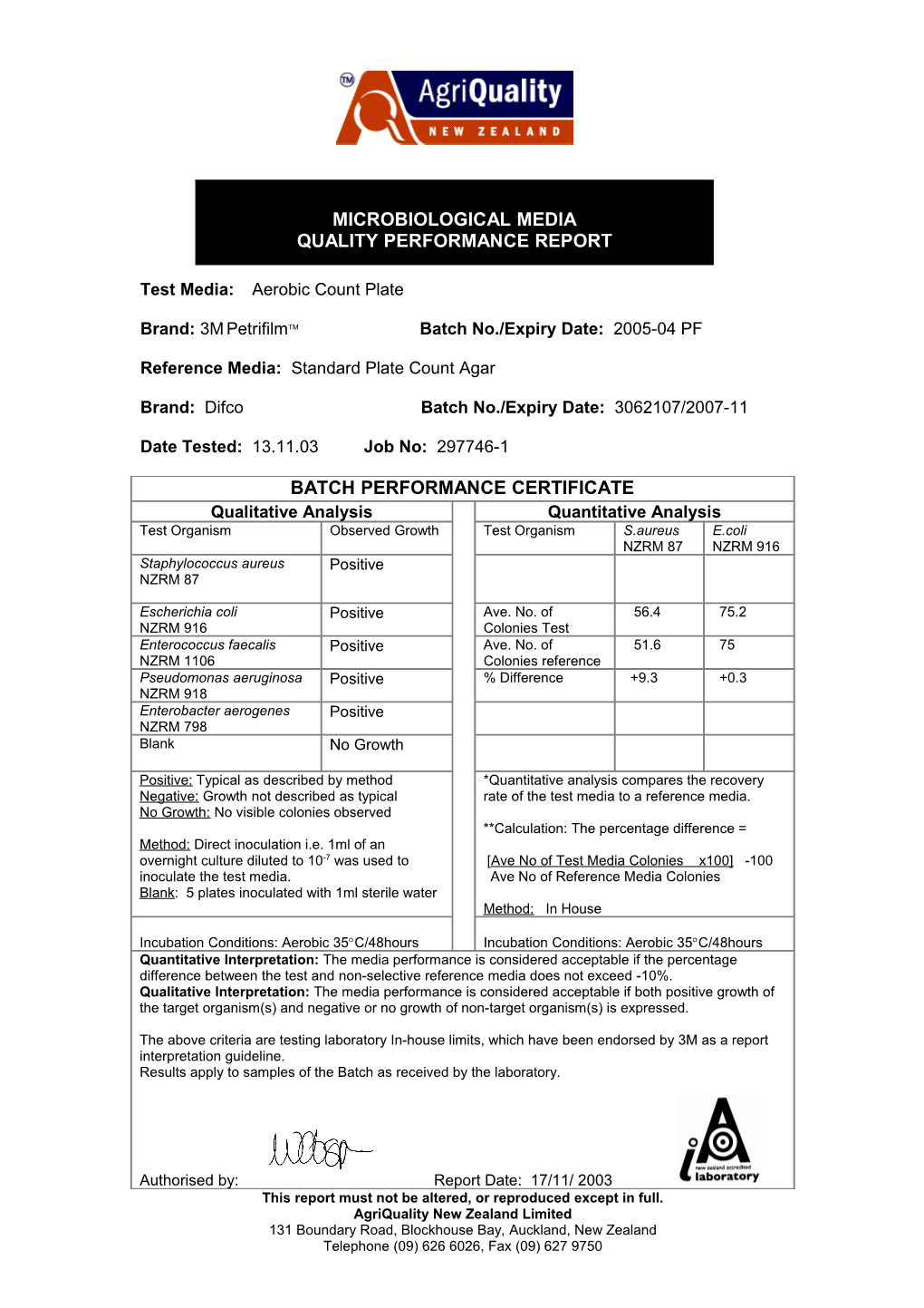 Test Media: Aerobic Count Plate