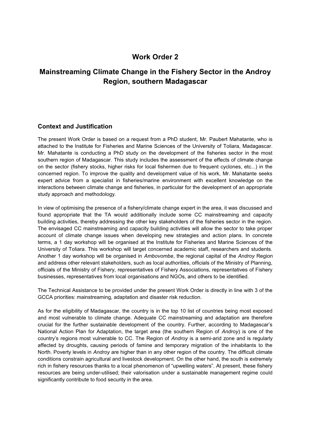 Mainstreaming Climate Change in the Fishery Sector in the Androy Region, Southern Madagascar
