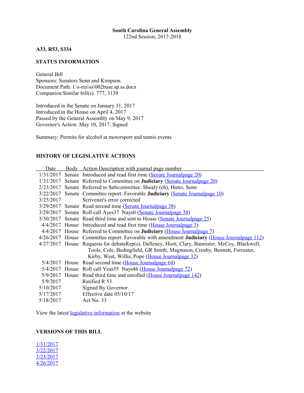 2017-2018 Bill 334: Permits for Alcohol at Motorsport and Tennis Events - South Carolina