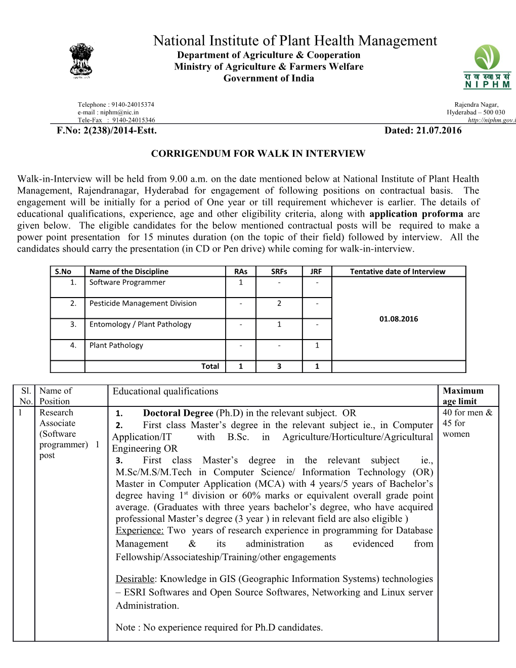 F.No: 2(238)/2014-Estt. Dated: 21.07.2016