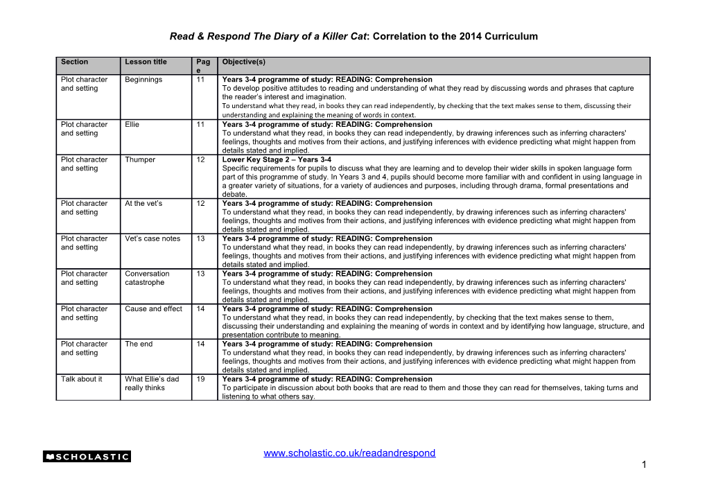 Read & Respond the Diary of a Killer Cat: Correlation to the 2014 Curriculum