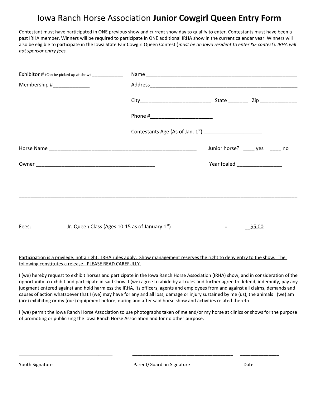 Iowa Ranch Horse Association Novice Entry Form