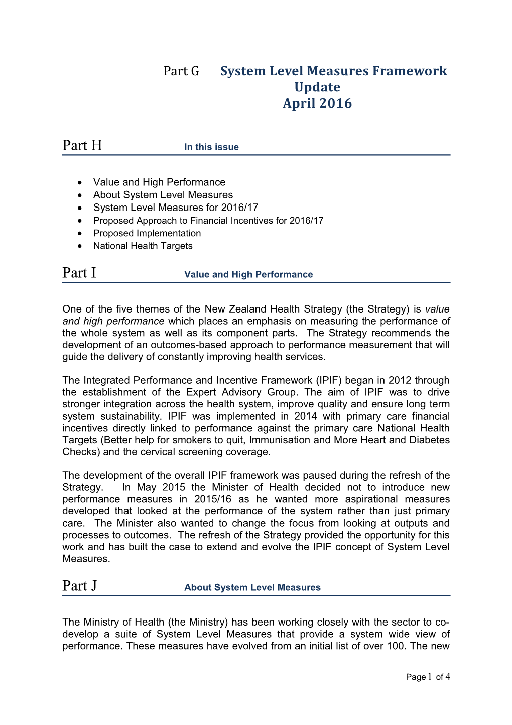 System Level Measures Framework Update April 2016