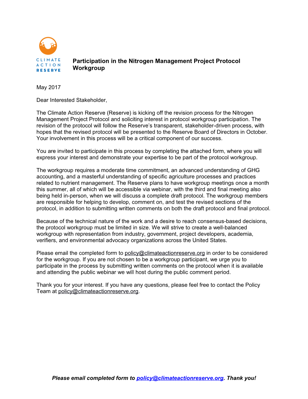 Participation in the Nitrogen Management Project Protocolworkgroup