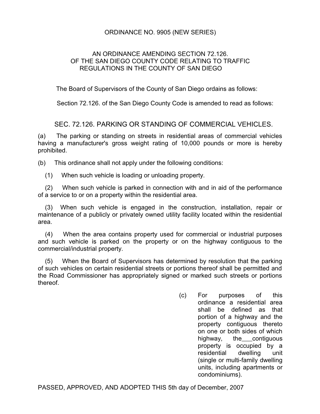 Of the San Diegocountycode Relating to Traffic