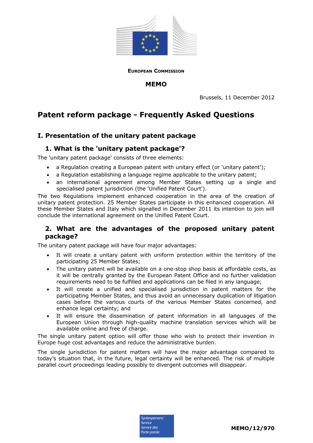 Patent Reform Package - Frequently Asked Questions