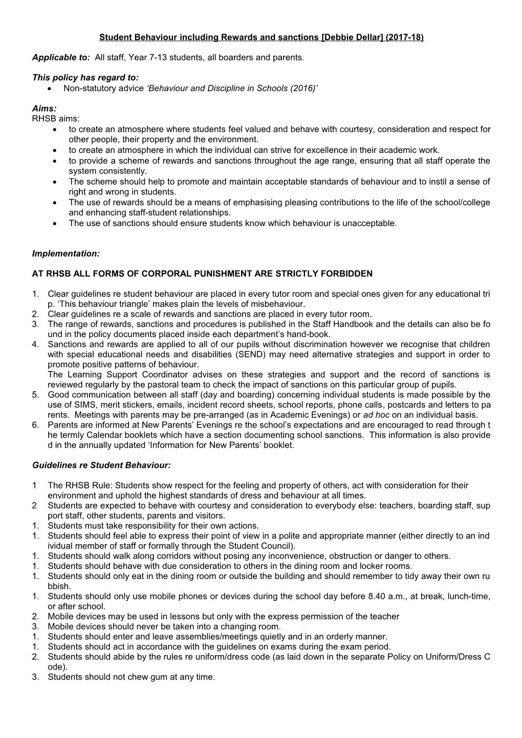 Discipline / Student Behaviour (Read in Conjunction with That on Rewards & Sanctions)