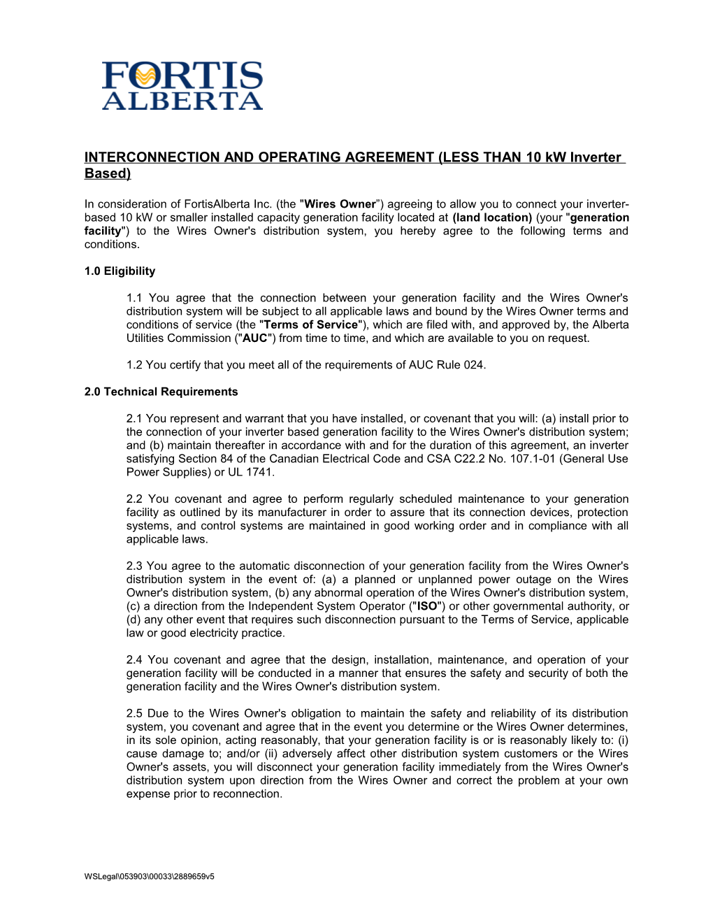 INTERCONNECTION and OPERATING AGREEMENT (LESS THAN 10 Kw Inverter Based)