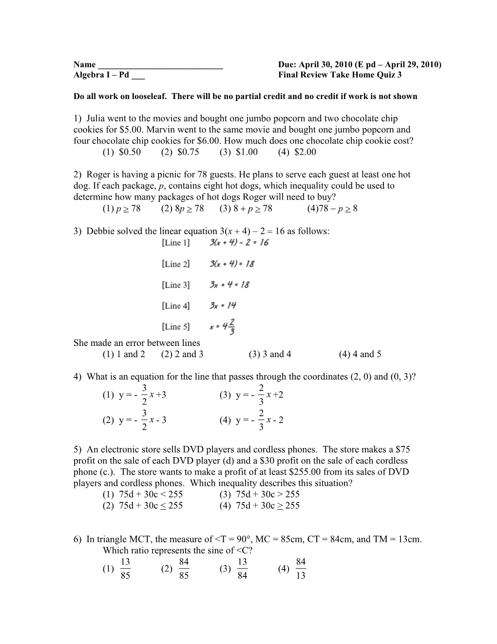 Week 5 Assignment - All Work on Looseleaf