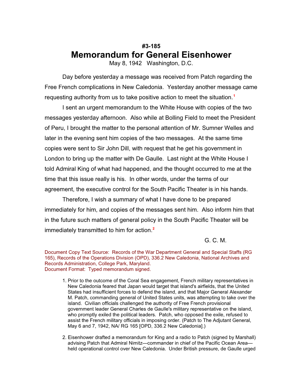 Memorandum for General Eisenhower