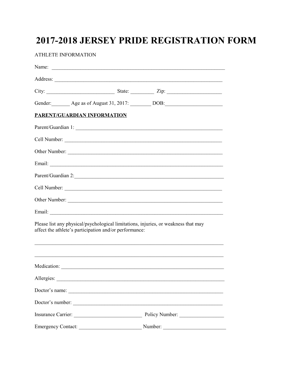 2017-2018 Jersey Pride Registration Form